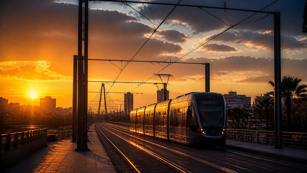 Tramway électrique et caténaire au coucher du soleil